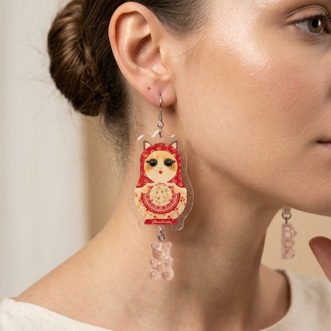 Vintage Ragdoll Cat Russian Doll & Pink Gummy Bear Dangle Earrings