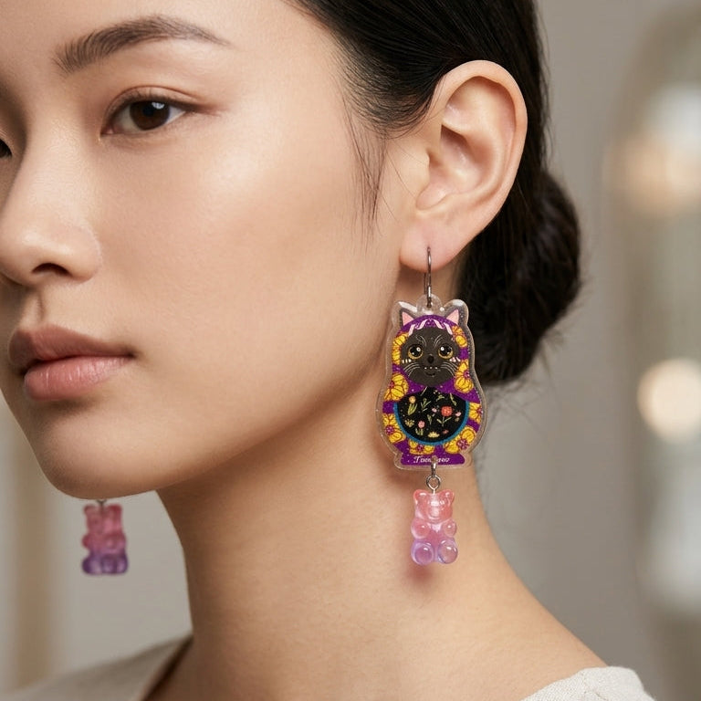 Vintage Kitty Russian Doll & Gummy Bear Dangle Earrings - Purple Series
