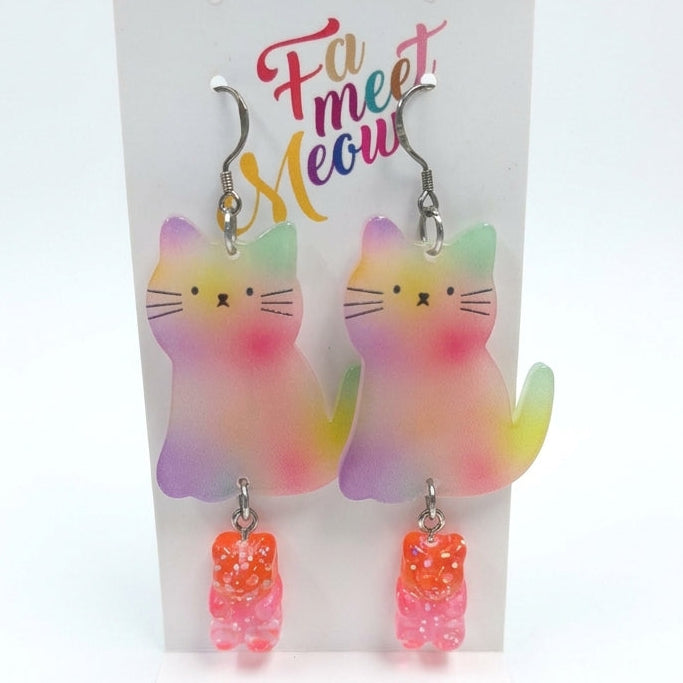 Dreamy Gradient Rainbow Cat & Gradient Gummy Bear Dangle Earrings