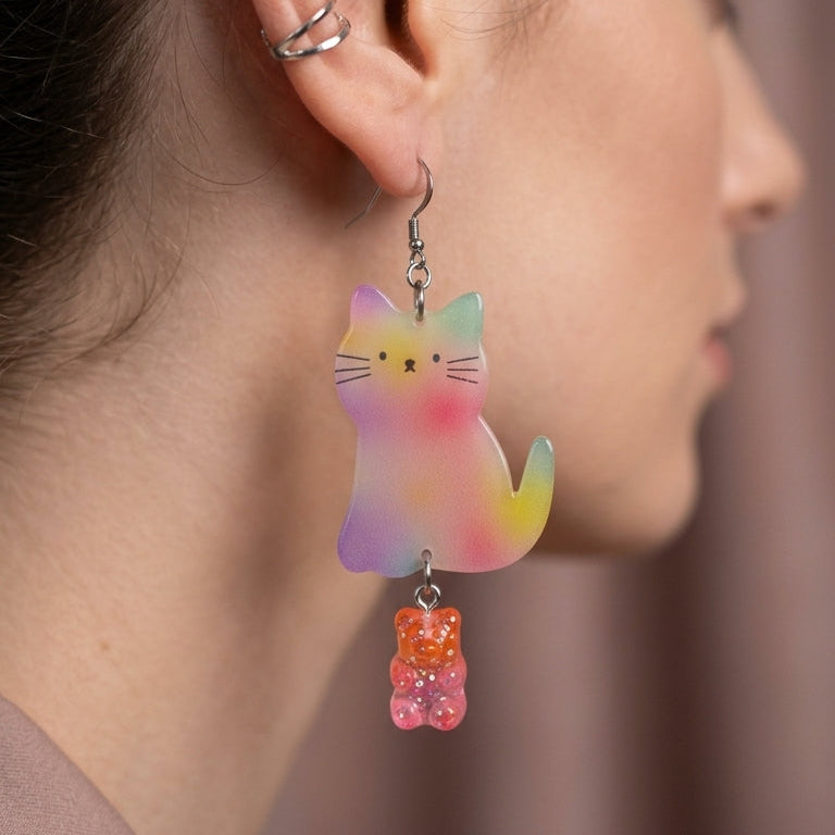 Dreamy Gradient Rainbow Cat & Gradient Gummy Bear Dangle Earrings