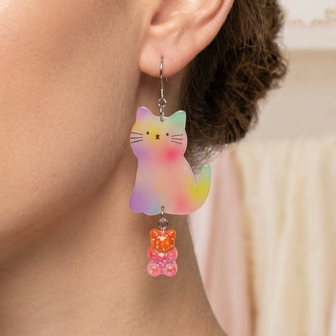 Dreamy Gradient Rainbow Cat & Gradient Gummy Bear Dangle Earrings