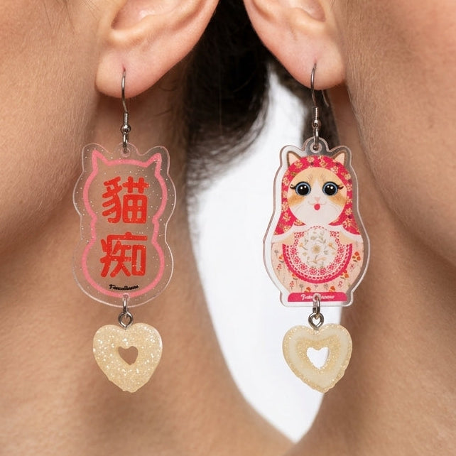 "Cat Fanatic" Russian Doll Cat & Glitter Heart Resin Dangle Asymmetrical Earrings