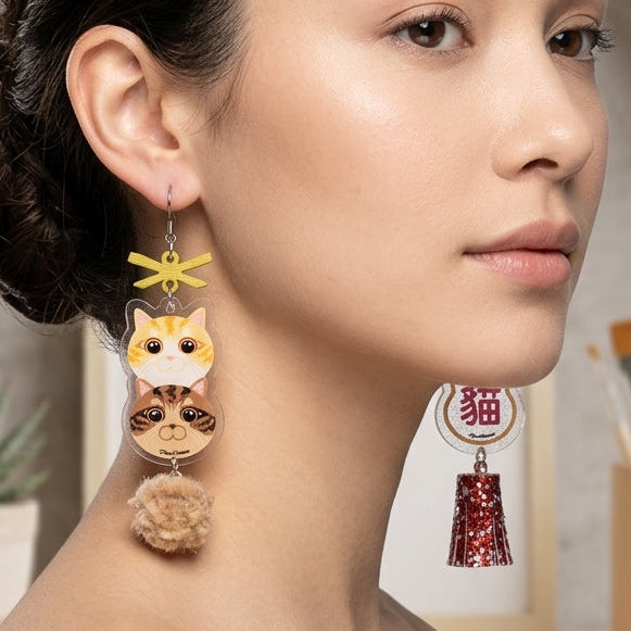 "Cat Huffing" Double-Layer Local Cat & Glitter Tassel Pom-Pom Resin Dangle Asymmetrical Earrings