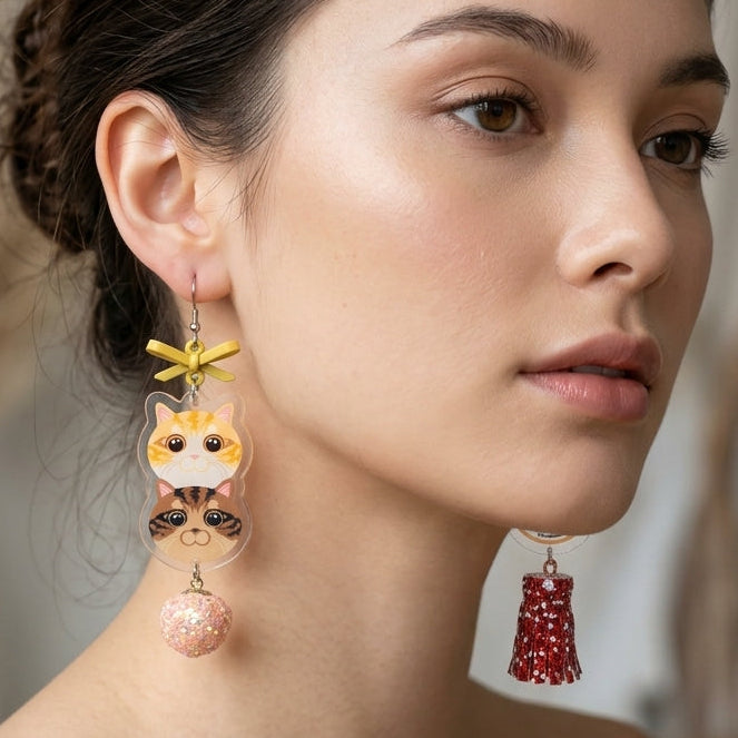 "Cat Huffing" Double-Layer Local Cat & Glitter Tassel Glitter Ball Resin Dangle Asymmetrical Earrings