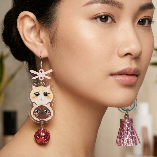 "Cat Slave" Ragdoll & Siamese Cat Stack Glitter Tassel Asymmetrical Dangle Earrings