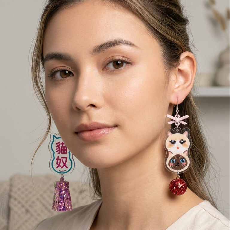 "Cat Slave" Ragdoll & Siamese Cat Stack Glitter Tassel Asymmetrical Dangle Earrings