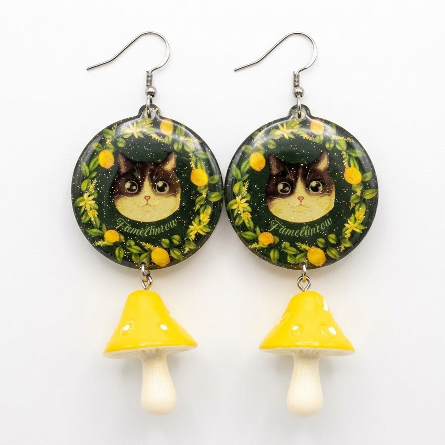"Lemon Garden" Grey & White Cat & Yellow Mushroom Resin Dangle Earrings