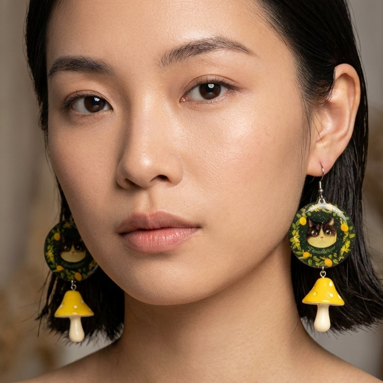 "Lemon Garden" Grey & White Cat & Yellow Mushroom Resin Dangle Earrings