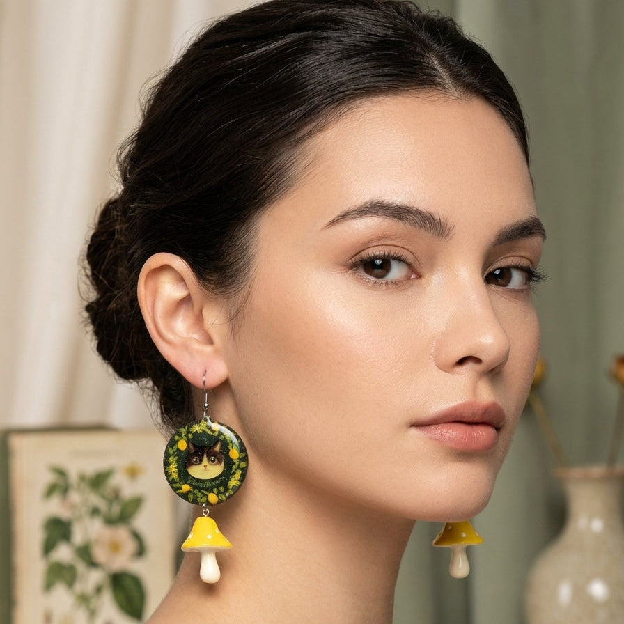 "Lemon Garden" Grey & White Cat & Yellow Mushroom Resin Dangle Earrings