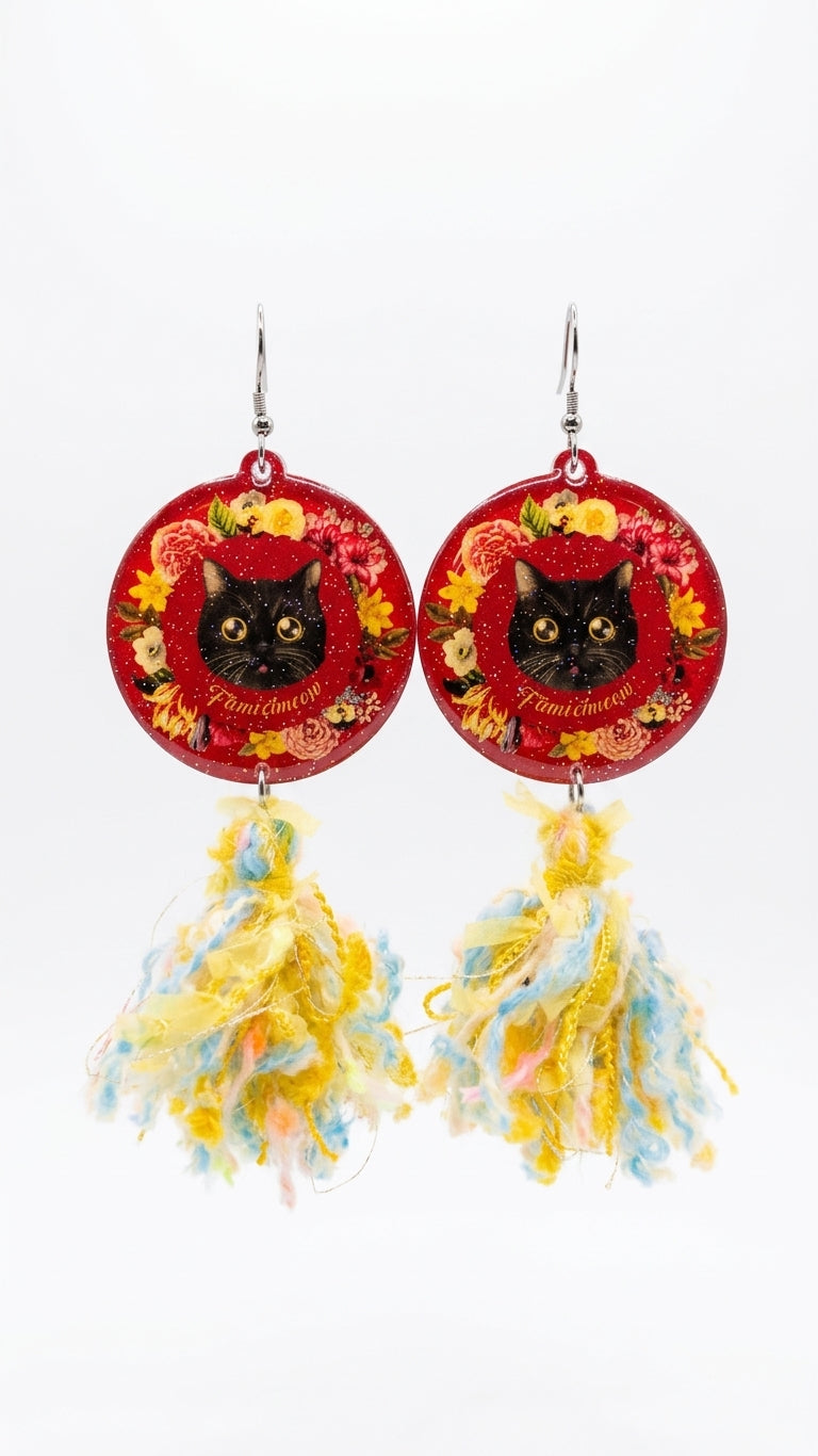 "Ruby Garden" British Shorthair Black Cat & Multi-Color Tweed Tassel Resin Dangle Earrings