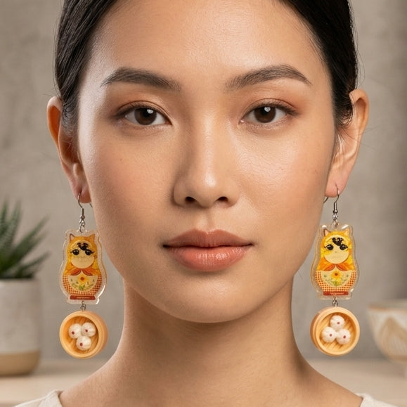 "Dim Sum Steamer" Russian Doll Style Calico Cat Resin Dangle Earrings