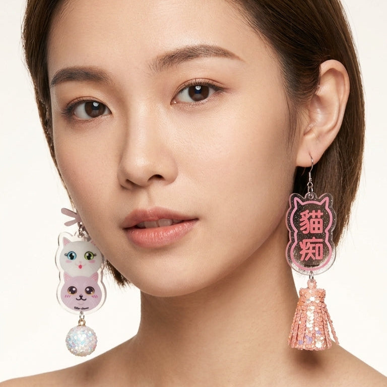 "Cat Fanatic" White Cat & Lilac British Shorthair Stack & Glitter Tassel Asymmetrical Acrylic Dangle Earrings