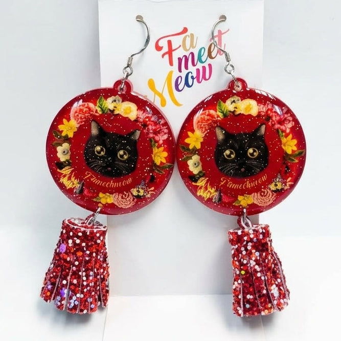 "Floral Wreath Black Cat" Burgundy Round Floral Frame & Glitter Tassel Resin Dangle Earrings