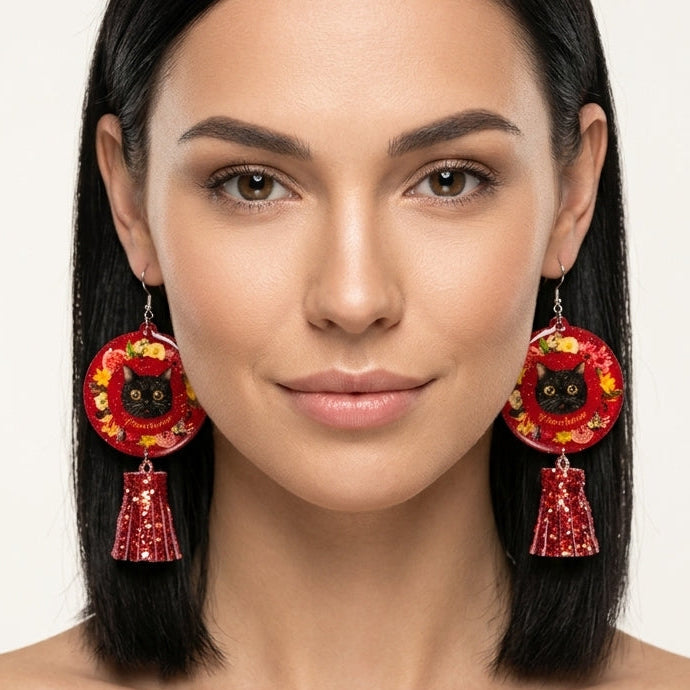 "Floral Wreath Black Cat" Burgundy Round Floral Frame & Glitter Tassel Resin Dangle Earrings