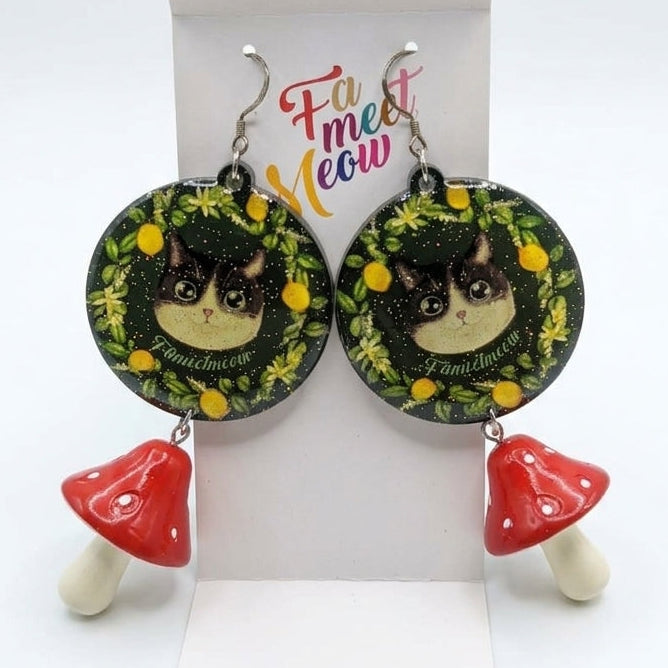 "Forest Mushroom" Tuxedo Cat & Lemon Wreath, Red Mushroom Charm Resin Dangle Earrings