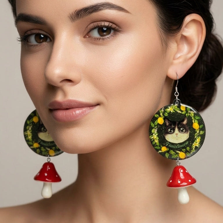 "Forest Mushroom" Tuxedo Cat & Lemon Wreath, Red Mushroom Charm Resin Dangle Earrings