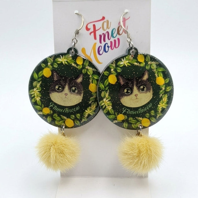 "Lemon Wreath" Tuxedo Cat & Pom-Pom Acrylic Dangle Earrings