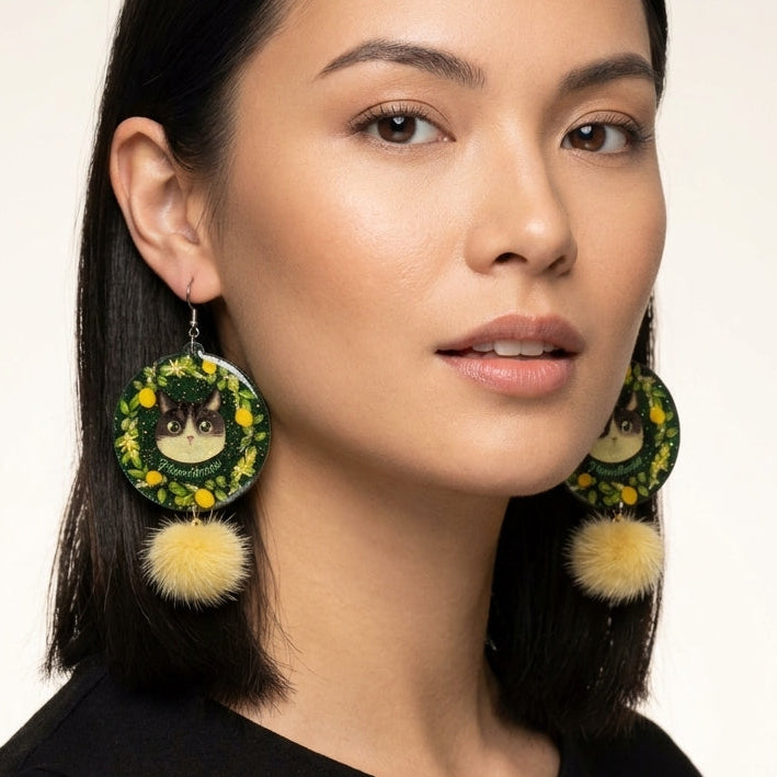 "Lemon Wreath" Tuxedo Cat & Pom-Pom Acrylic Dangle Earrings