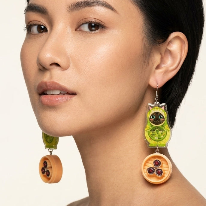 "Dim Sum Siu Mai" Russian Doll Style Siamese Cat Resin Dangle Earrings