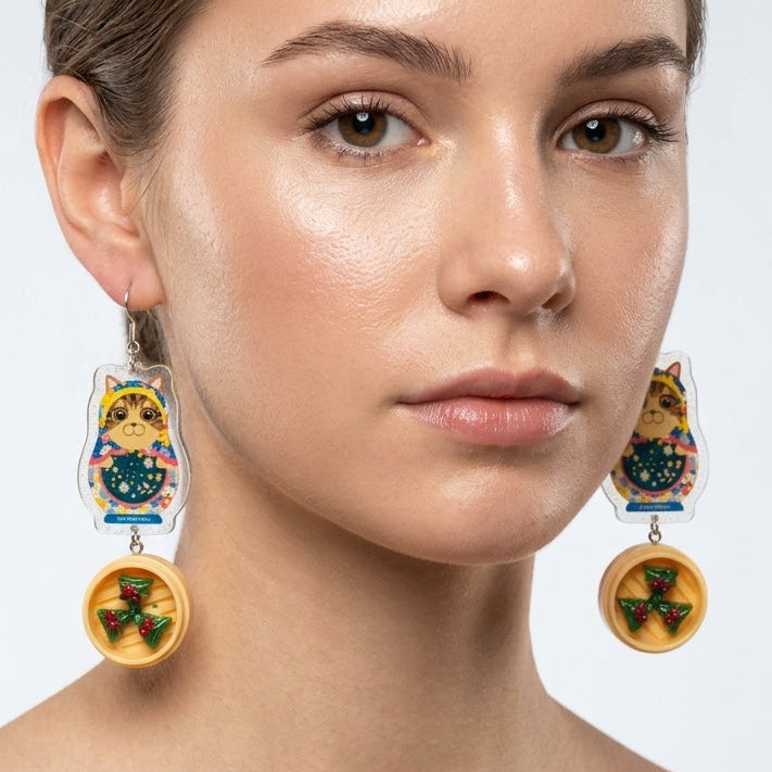 "Dim Sum Fun Gok" Russian Doll Style Tabby Cat Resin Dangle Earrings