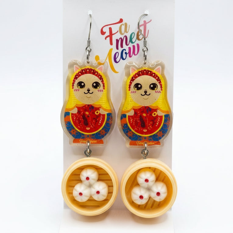 "Dim Sum Bao" Russian Doll Style Lilac British Shorthair Resin Dangle Earrings