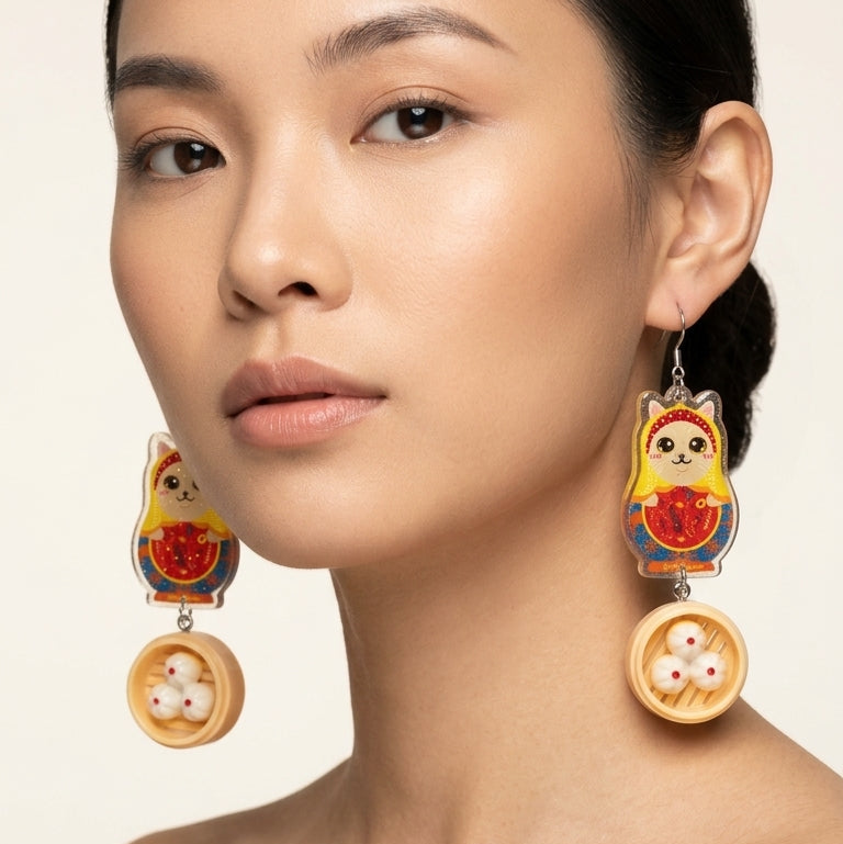 "Dim Sum Bao" Russian Doll Style Lilac British Shorthair Resin Dangle Earrings
