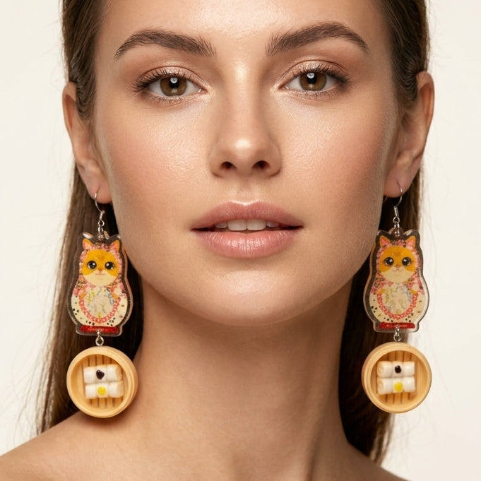 "Dim Sum Cheong Fun" Russian Doll Style Golden British Shorthair Resin Dangle Earrings