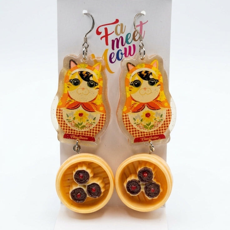 "Dim Sum Siu Mai" Russian Doll Style Calico Cat Resin Dangle Earrings