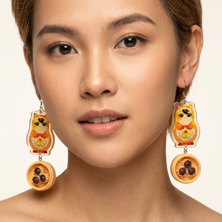 "Dim Sum Siu Mai" Russian Doll Style Calico Cat Resin Dangle Earrings
