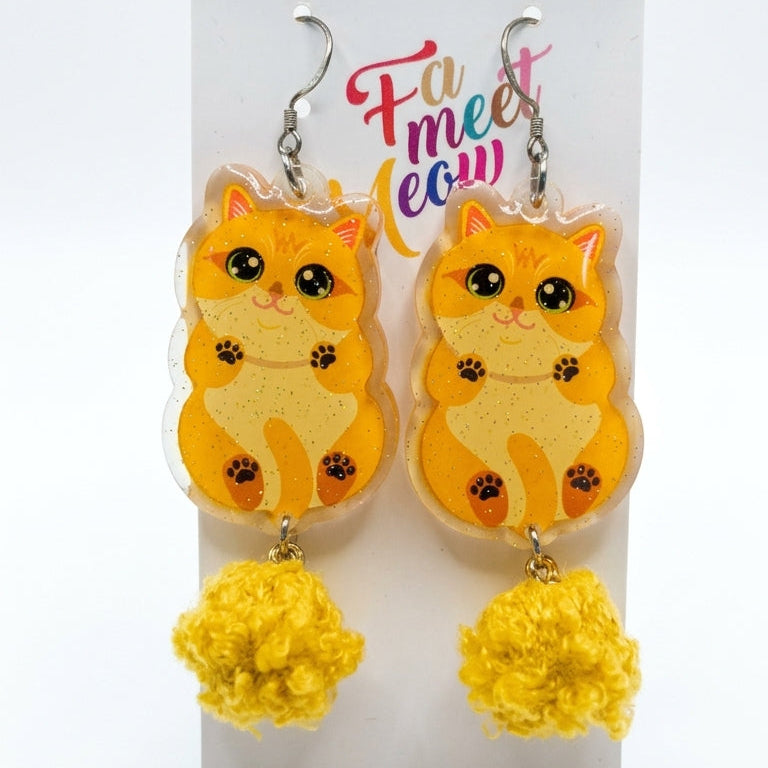 "Cute Paws" Golden British Shorthair & Pom-Pom Acrylic Dangle Earrings