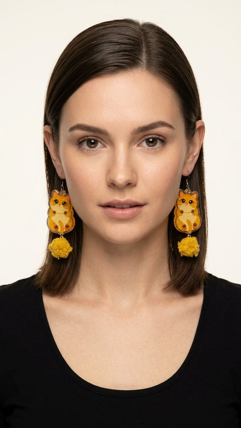 "Cute Paws" Golden British Shorthair & Pom-Pom Acrylic Dangle Earrings