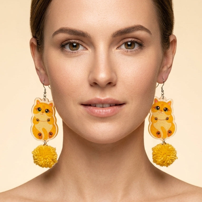 "Cute Paws" Golden British Shorthair & Pom-Pom Acrylic Dangle Earrings