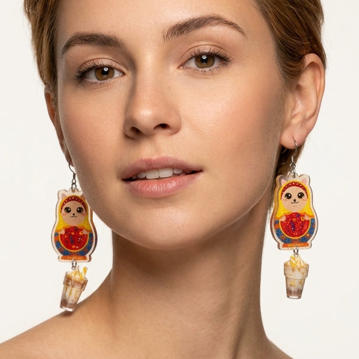 "Caramel Ice Cream" Russian Doll Style Lilac British Shorthair Resin Dangle Earrings