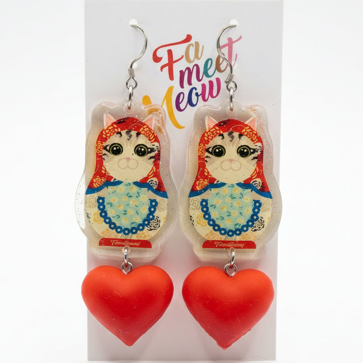 "Beating Heart" Russian Doll Style Tabby Cat Acrylic Dangle Earrings