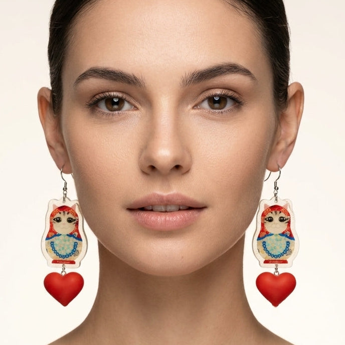 "Beating Heart" Russian Doll Style Tabby Cat Acrylic Dangle Earrings