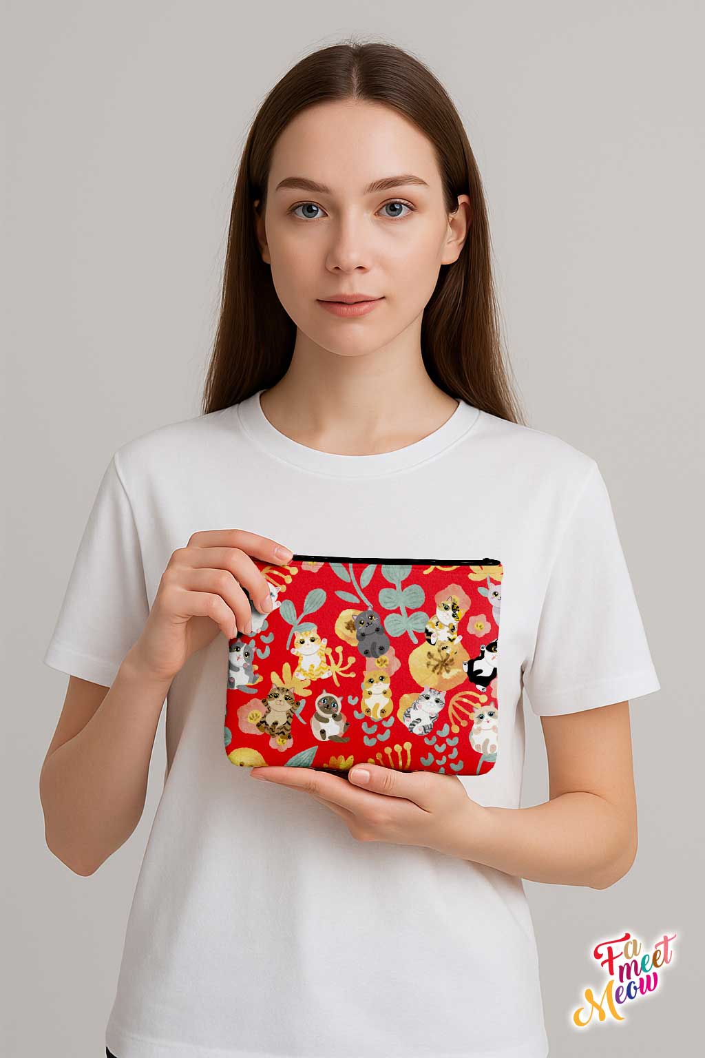Medium Coin Pouch - Fluttering Flower Cats (Red)
