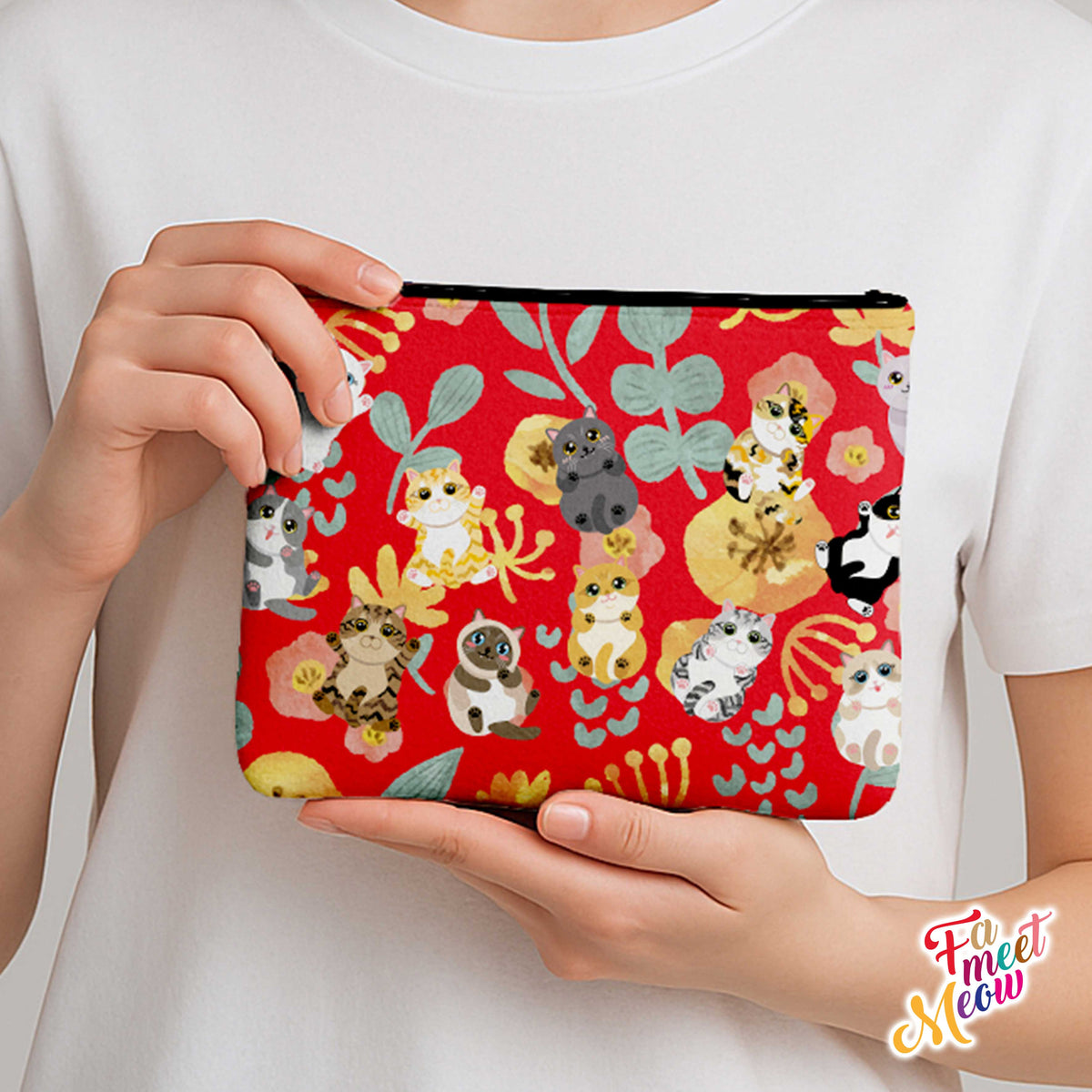 Medium Coin Pouch - Fluttering Flower Cats (Red)