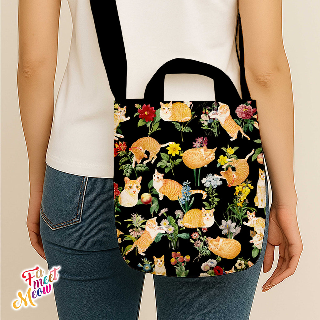 Cross-body Tote Bag - Floral (Black)