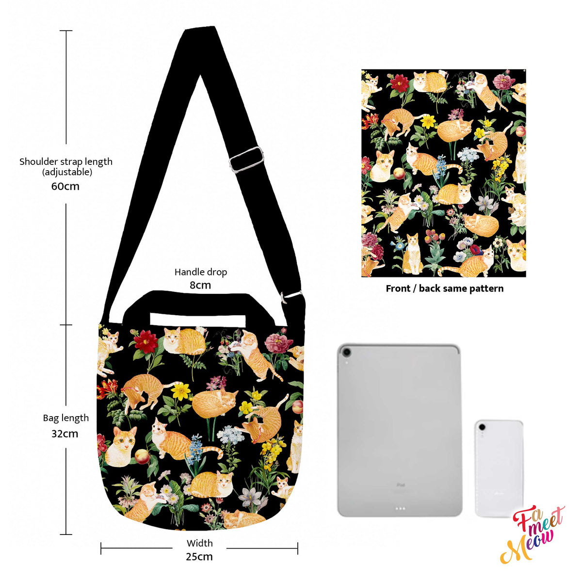 Cross-body Tote Bag - Floral (Black)