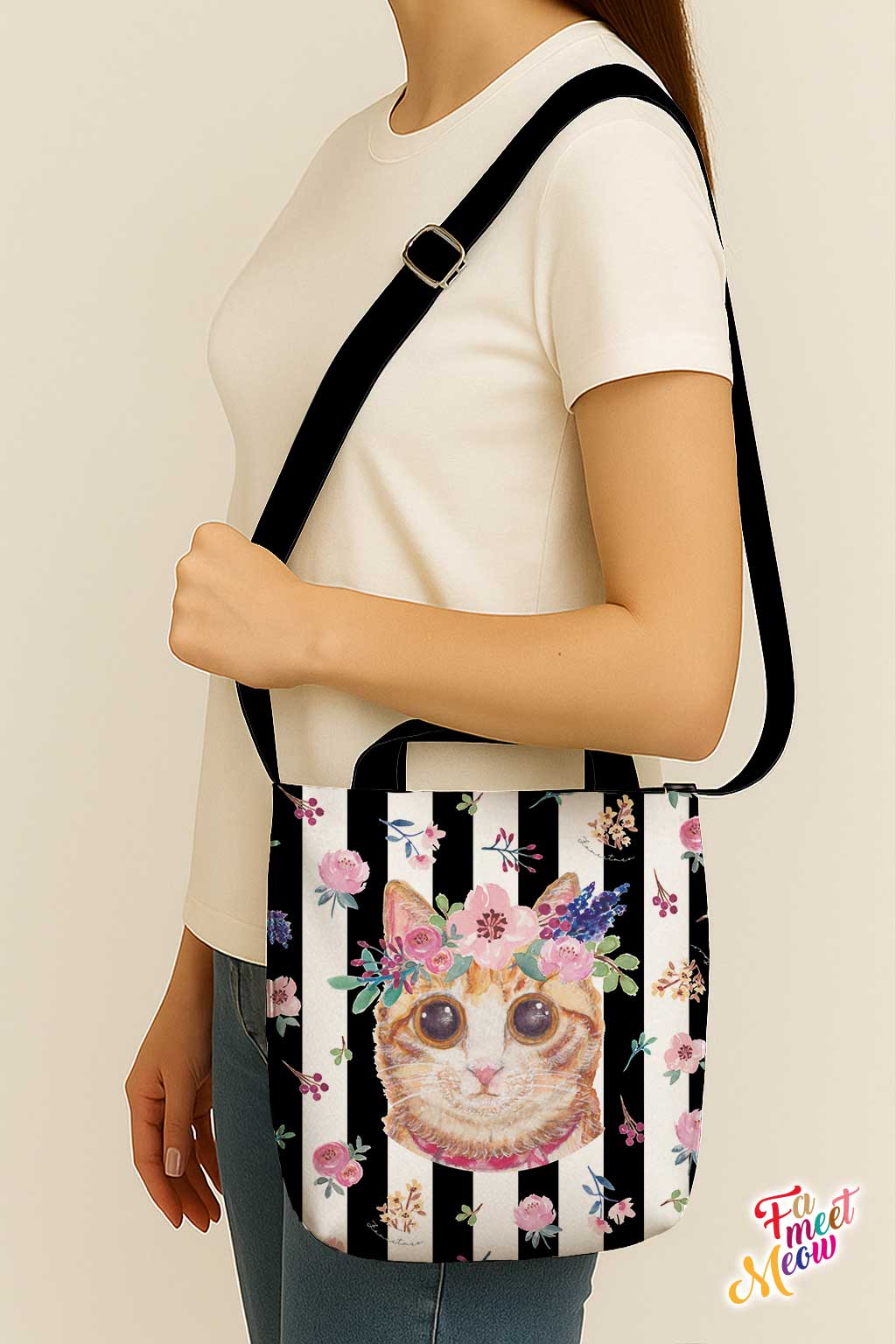 Cross-body Tote Bag - Classic (Black stripes)