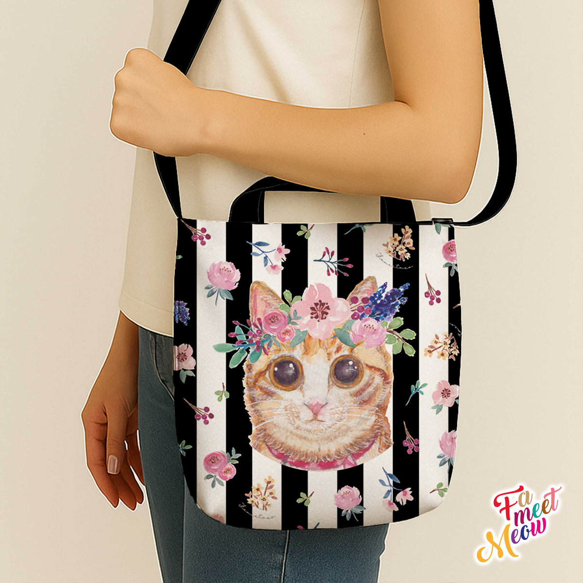 Cross-body Tote Bag - Classic (Black stripes)