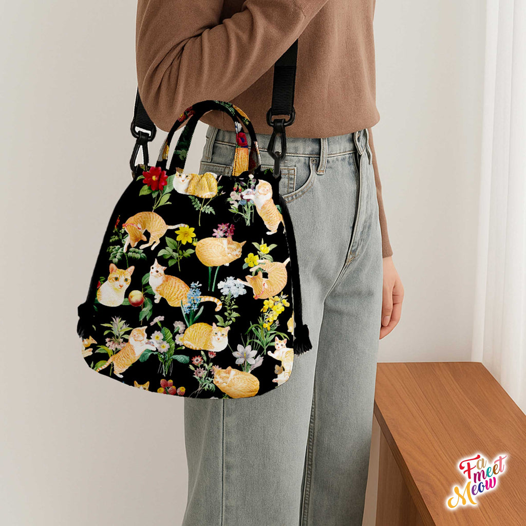 Drawstring Bucket Bag - Floral (Black)