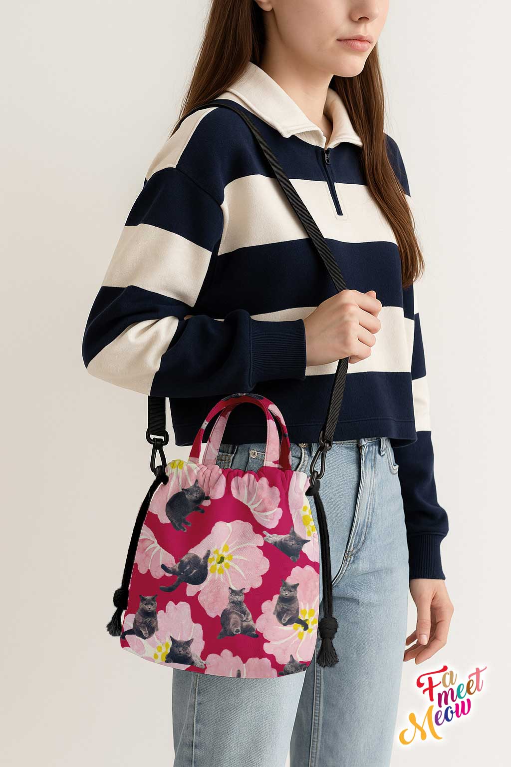 Drawstring Bucket Bag - British Shorthair (Megenta)