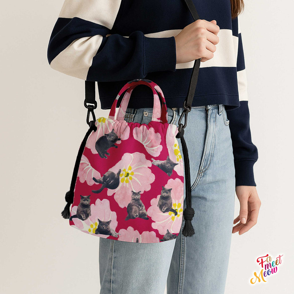 Drawstring Bucket Bag - British Shorthair (Megenta)