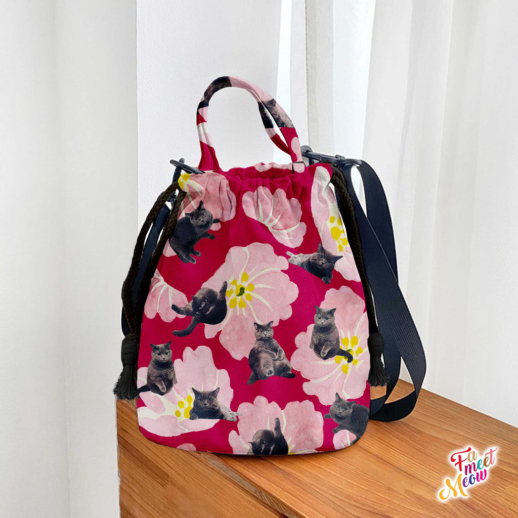 Drawstring Bucket Bag - British Shorthair (Megenta)