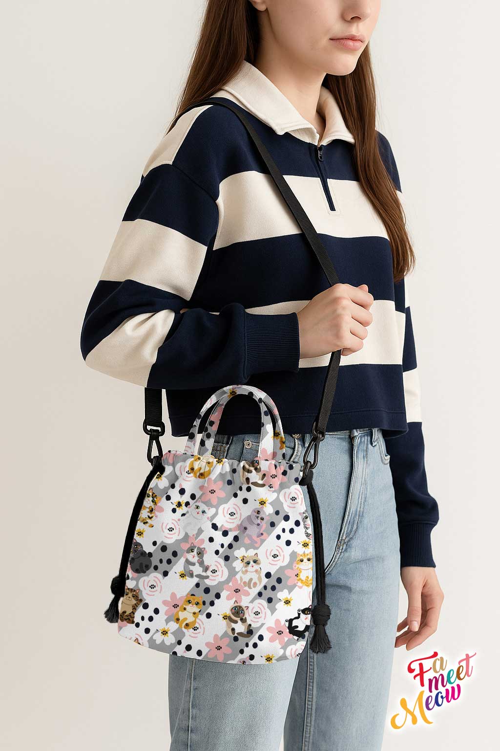 Drawstring Bucket Bag - Fluttering Flower Cats