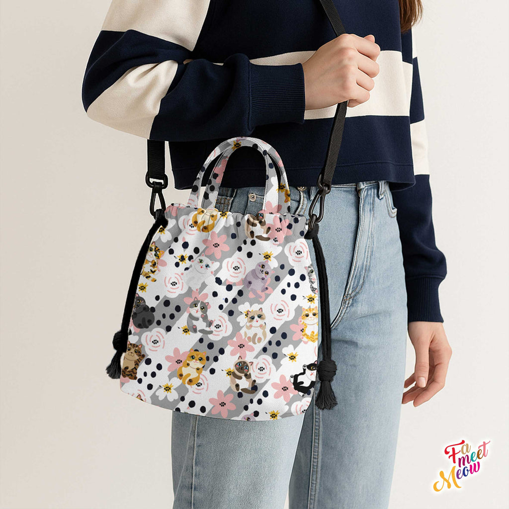 Drawstring Bucket Bag - Fluttering Flower Cats