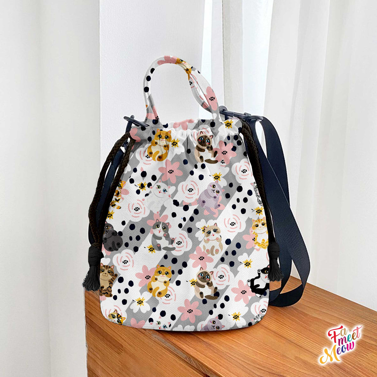 Drawstring Bucket Bag - Fluttering Flower Cats