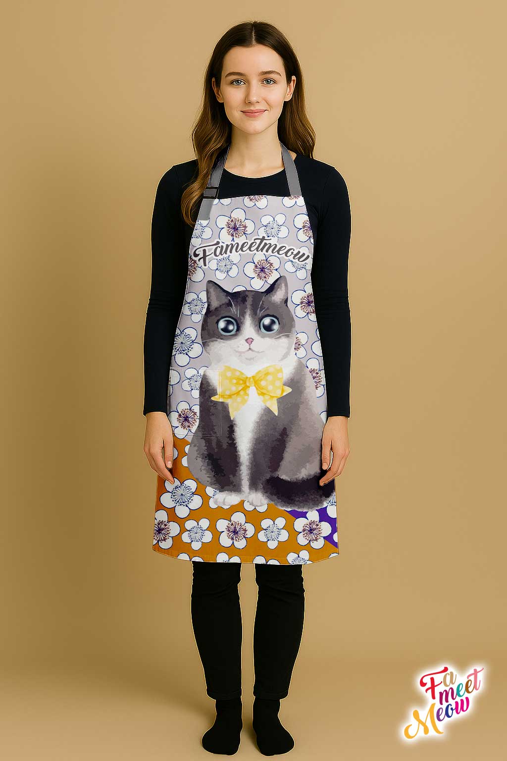 Waterproof & Oil-proof Apron - Plum Blossom Cute Grey & White Cat Floral Pattern Kitchen & Baking