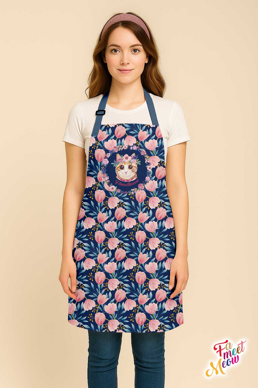 Waterproof & Oil-proof Apron - Tulips - Ginger Tabby Cat Floral Pattern Kitchen & Baking